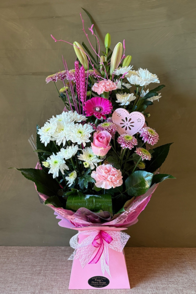 Poppy's Flower Design Florist in Leyland - Pink Lady - Pink Lady Aqua Bouquet in a mixture in pinks and white. 
Poppy's Flower Design Florist in Leyland. Plants, gifts and homewares