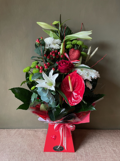 Poppy's Flower Design Florist in Leyland - Romance - Beautiful bouquet in red and white including lilies, a red rose and a tropical anthurium.
Flowers in Leyland Florist in Leyland Poppys Flower Design Poppy's