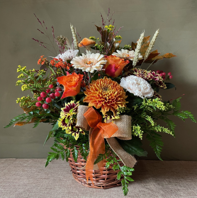 Poppy's Flower Design Leyland - Autumn Basket - Autumn Basket Poppy's Flower Design Leyland roses flowers florist basket wicker centrepiece fall seasonal table floral flowers arrangements delivery and collection